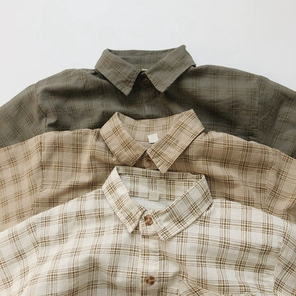 -キッズ チェック 半袖 シャツ ルーズ パンツ - mamahalo shop - 半袖シャツ・ブラウス -  べビー服 - 子供服 - 男の子 - 女の子