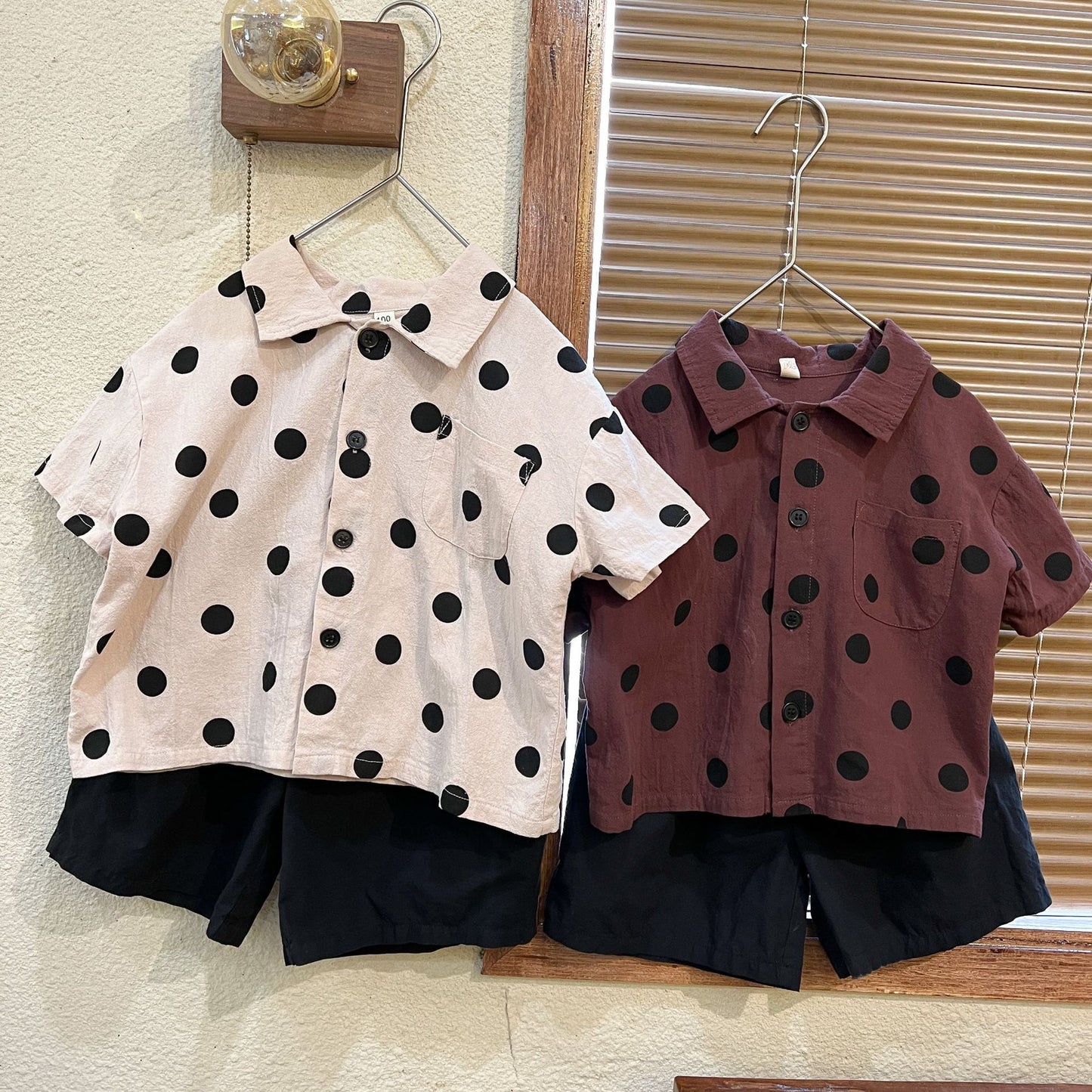 -キッズ セットアップ みずたま ブラウス シャツ ハーフパンツ - mamahalo shop - 半袖セットアップ -  べビー服 - 子供服 - 男の子 - 女の子