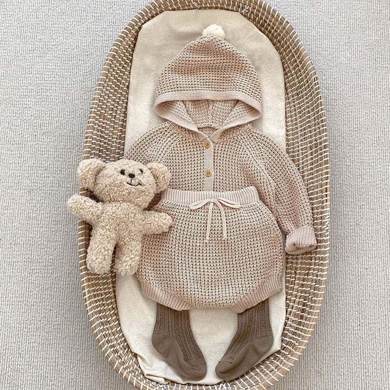 -ベビー ニットフーディ ブルマパンツ 単品 ぽんぽん フード付きパーカー ベージュ ユニセックス 男の子 女の子【mh0002827】 - mamahalo shop - カーディガン・パーカー -  べビー服 - 子供服 - 男の子 - 女の子