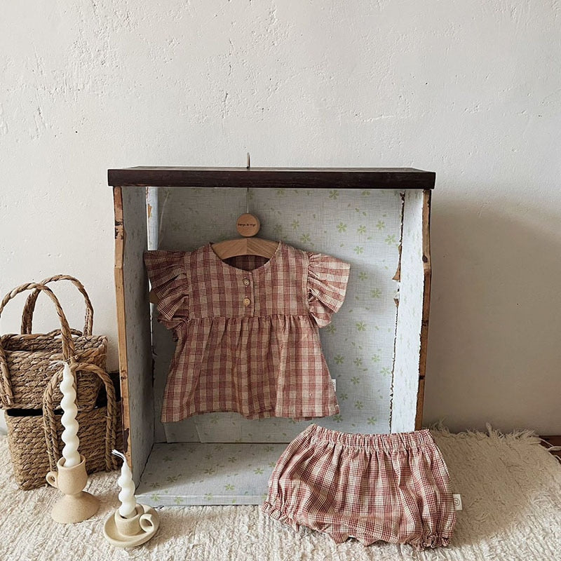 -ベビー セットアップ チェック フリルスリーブ ブラウス トップス ブルマパンツ【mh0001841】 - mamahalo shop - 半袖セットアップ -  べビー服 - 子供服 - 男の子 - 女の子