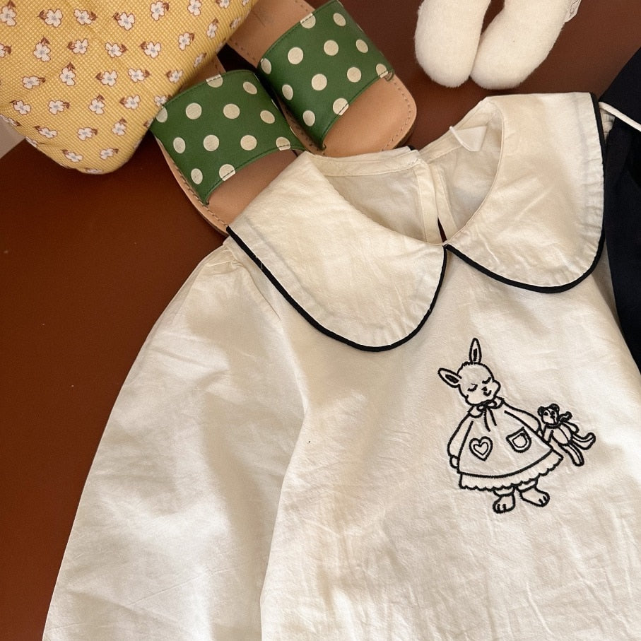 -キッズ うさぎ バニー 刺繍 長袖 ブラウス スモック - mamahalo shop - 長袖シャツ・ブラウス -  べビー服 - 子供服 - 男の子 - 女の子