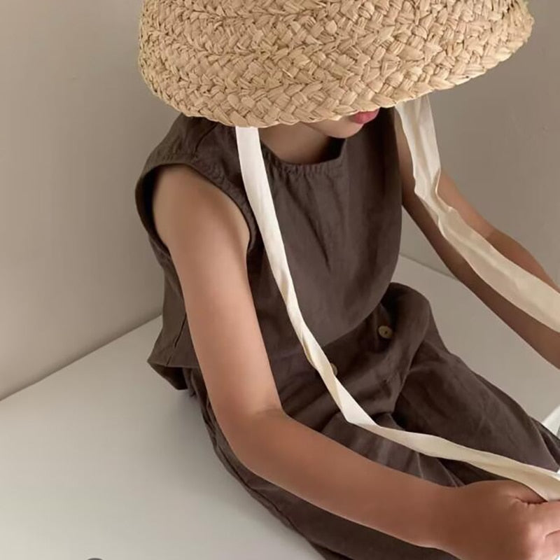 -キッズ セットアップ ノースリーブ タンクトップ トップス ワイド ルーズ ロングパンツ リゾートスタイル【mh0001736】 - mamahalo shop - ノースリーブセットアップ -  べビー服 - 子供服 - 男の子 - 女の子