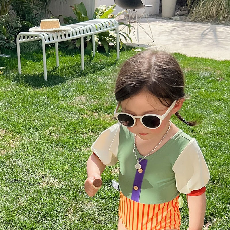 -キッズ 水着 パッチワーク 半袖 切り替え ワンピース ガールズ スイムウェア【mh0001863】 - mamahalo shop - ベビー用水着 -  べビー服 - 子供服 - 男の子 - 女の子