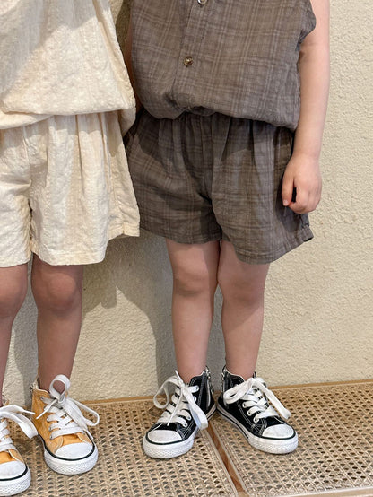 -☺︎ キッズ セットアップ ノースリーブ シャツ トップス ルーズ ショートパンツ - mamahalo shop - ノースリーブセットアップ -  べビー服 - 子供服 - 男の子 - 女の子