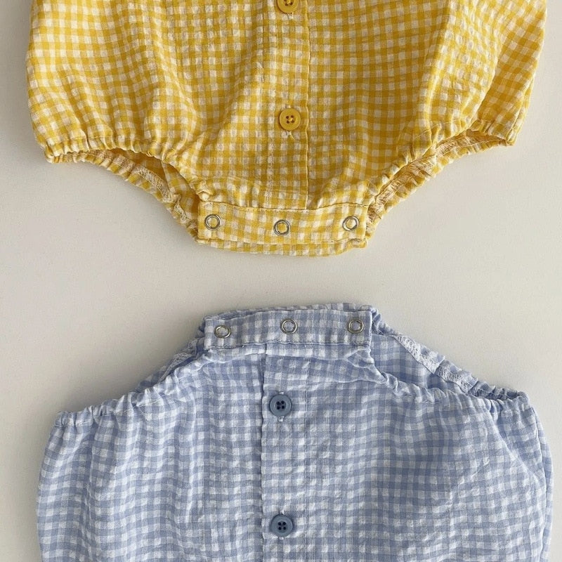 -ベビー チェック くま ベア 半袖 パフスリーブ ブラウス シャツ ロンパース - mamahalo shop - 半袖ロンパース -  べビー服 - 子供服 - 男の子 - 女の子