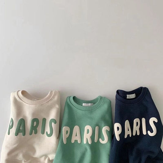 -☺︎ ベビー PARIS レターロゴ 長袖 スウェット トップス トレーナー - mamahalo shop - トレーナー・フーディ -  べビー服 - 子供服 - 男の子 - 女の子