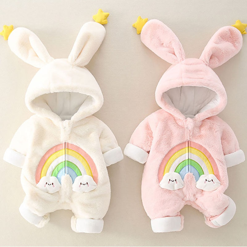 -ベビー ボアフリース レインボー うさ耳 フーディ アウター ジャンプスーツ - mamahalo shop - アウタージャンプスーツ -  べビー服 - 子供服 - 男の子 - 女の子