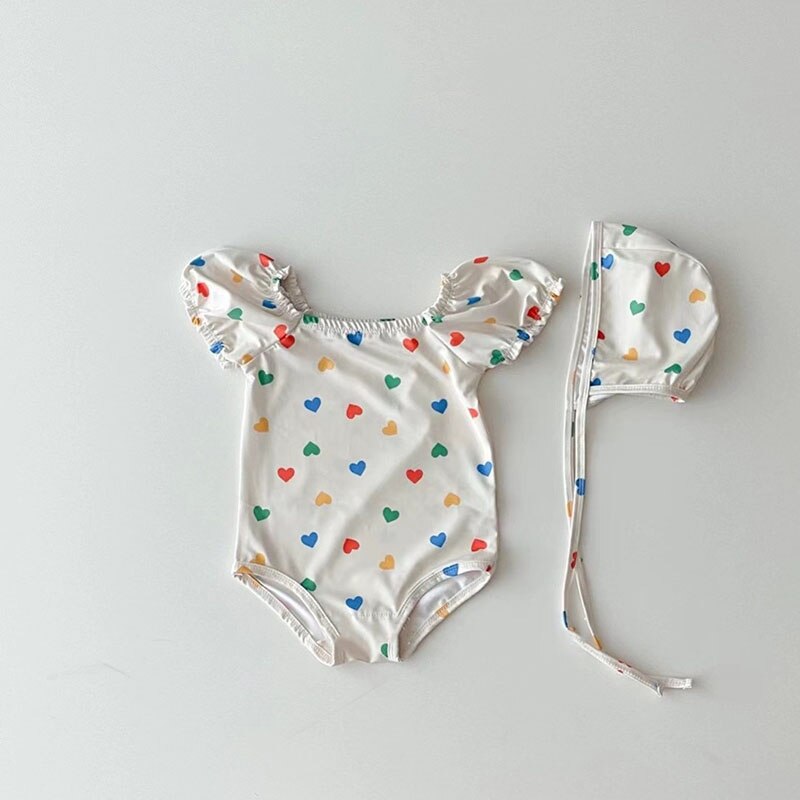 -ベビー ガールズ 水着 カラフル ハート みずたま チェック ワンピース 半袖 パフスリーブ 帽子 セット スイムウェア【mh0001812】 - mamahalo shop - ベビー用水着 -  べビー服 - 子供服 - 男の子 - 女の子