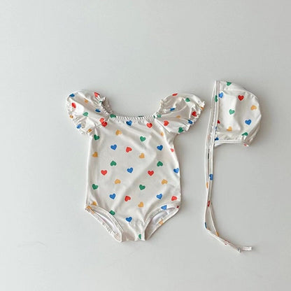 -ベビー ガールズ 水着 カラフル ハート みずたま チェック ワンピース 半袖 パフスリーブ 帽子 セット スイムウェア【mh0001812】 - mamahalo shop - ベビー用水着 -  べビー服 - 子供服 - 男の子 - 女の子