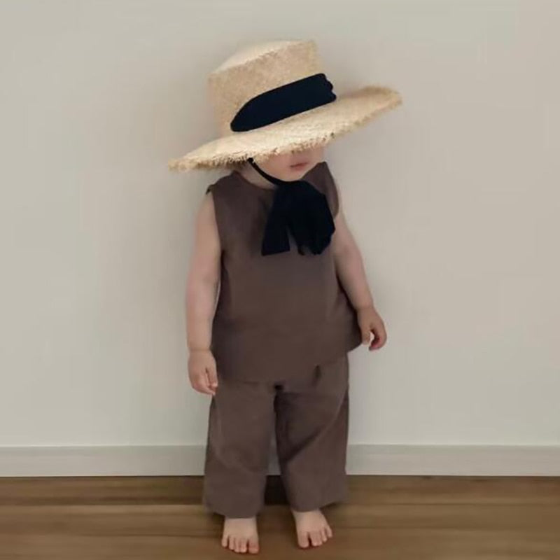 -キッズ セットアップ ノースリーブ タンクトップ トップス ワイド ルーズ ロングパンツ リゾートスタイル【mh0001736】 - mamahalo shop - ノースリーブセットアップ -  べビー服 - 子供服 - 男の子 - 女の子