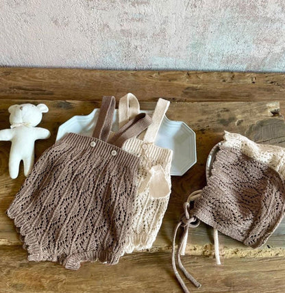 -ベビー レースニット サスペンダー ロンパース ボンネット 帽子 セット - mamahalo shop - ノースリーブロンパース -  べビー服 - 子供服 - 男の子 - 女の子