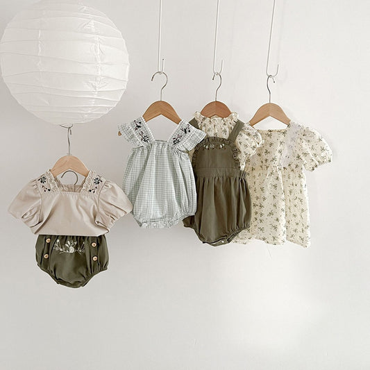 -ベビー フラワー 刺繍 半袖 ノースリーブ ロンパース ブルマパンツ 半袖 ブラウス トップス【mh0001513】 - mamahalo shop - ノースリーブロンパース -  べビー服 - 子供服 - 男の子 - 女の子