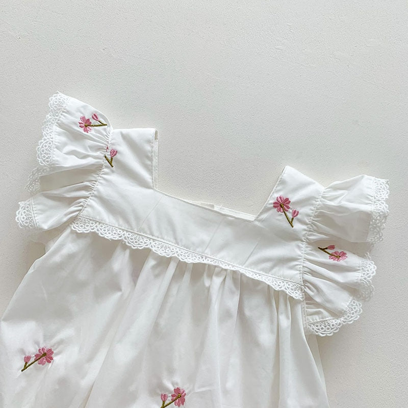 -ベビー フラワー 花柄 刺繍 フリルスリーブ ロンパース - mamahalo shop - ノースリーブロンパース -  べビー服 - 子供服 - 男の子 - 女の子