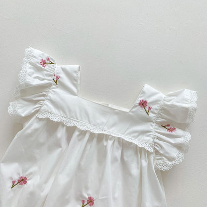 -ベビー フラワー 花柄 刺繍 フリルスリーブ ロンパース - mamahalo shop - ノースリーブロンパース -  べビー服 - 子供服 - 男の子 - 女の子