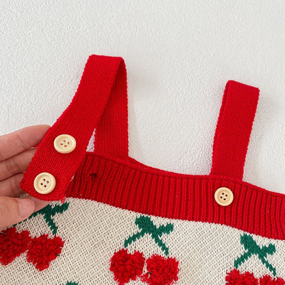 -ベビー ニット セットアップ ハート チェリー さくらんぼ カーディガン サスペンダー ロンパース - mamahalo shop - ロンパースセットアップ -  べビー服 - 子供服 - 男の子 - 女の子