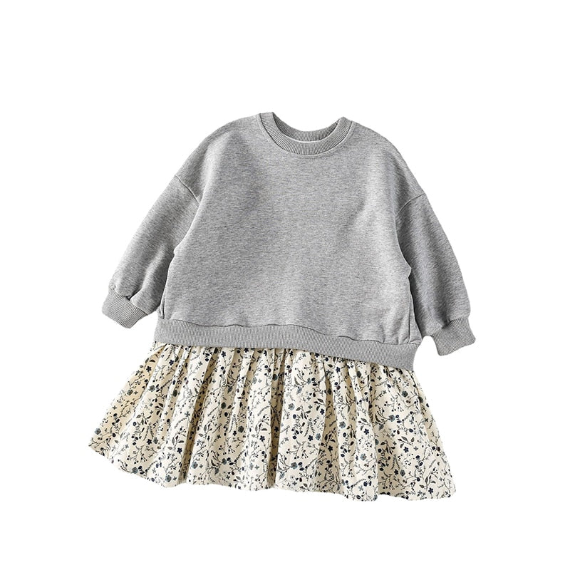 -キッズ ドッキング スウェット フラワー スカート ワンピース - mamahalo shop - 長袖ワンピース -  べビー服 - 子供服 - 男の子 - 女の子