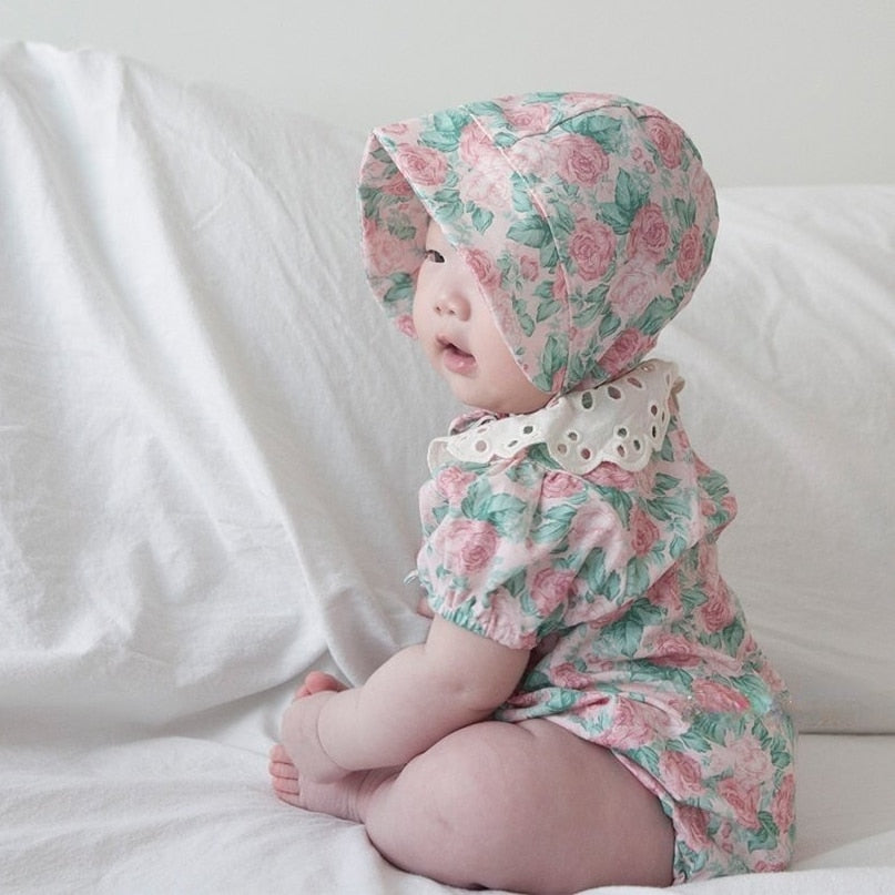 -ベビー ローズ フラワー レースカラー 半袖 ロンパース ボンネット 帽子 セット【mh0001943】 - mamahalo shop - 半袖ロンパース -  べビー服 - 子供服 - 男の子 - 女の子