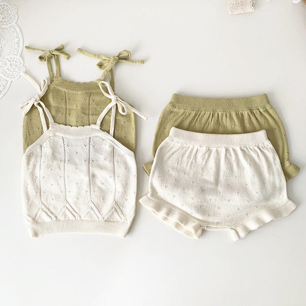 -ベビー キッズ レースニット セットアップ キャミソール トップス フリル ブルマパンツ ショートパンツ ベージュ イエローグリーン ガールズ - mamahalo shop - ノースリーブセットアップ -  べビー服 - 子供服 - 男の子 - 女の子