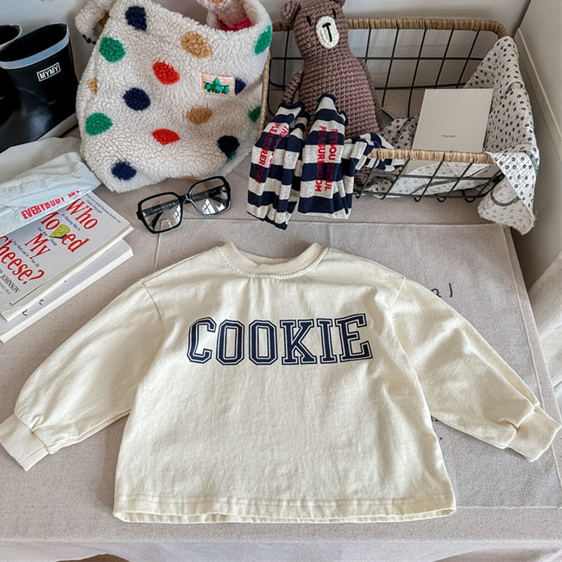 -キッズ クッキー プリント レターロゴ 長袖 スウェットシャツ Tシャツ ユニセックス - mamahalo shop - 長袖Tシャツ -  べビー服 - 子供服 - 男の子 - 女の子