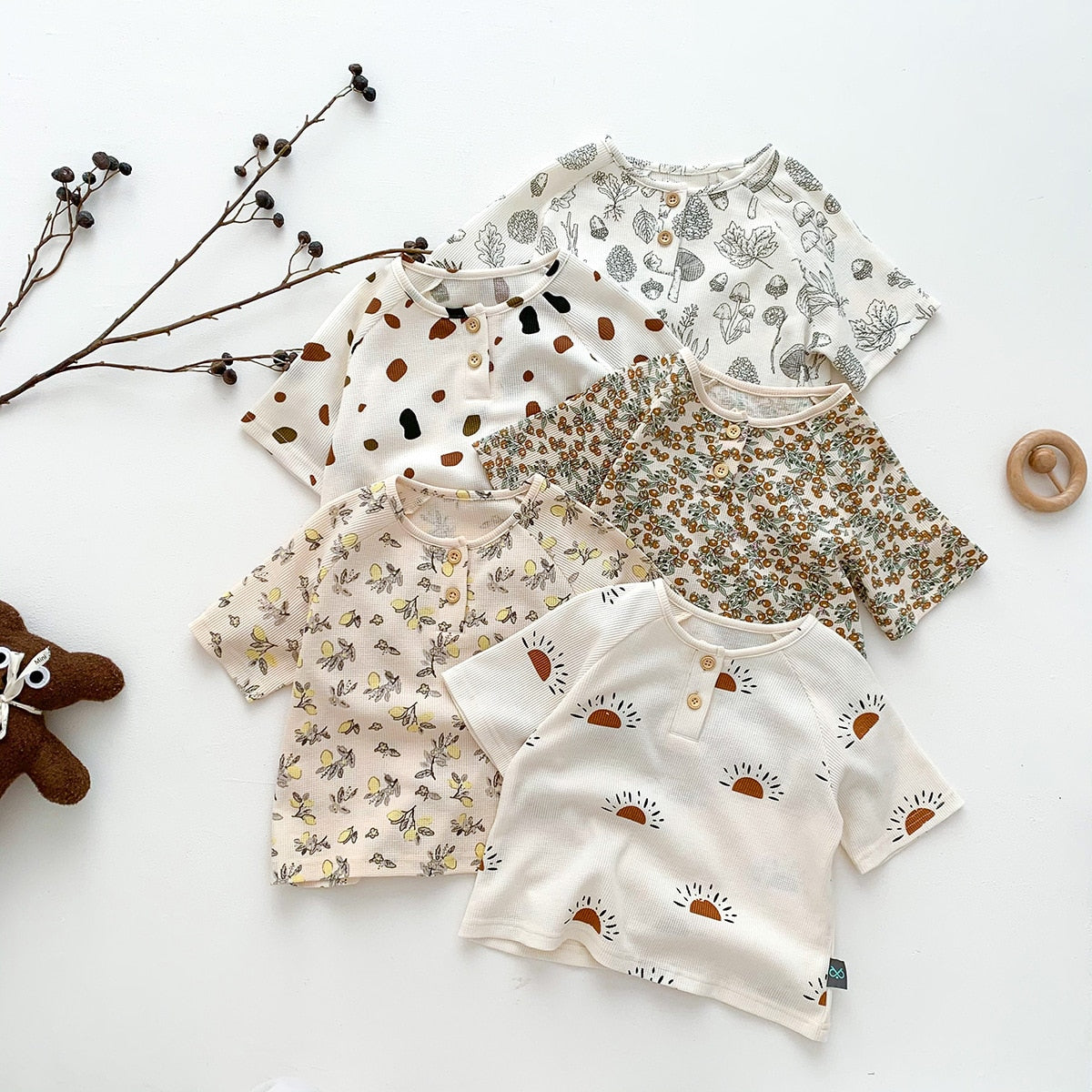 -キッズ 半袖 プリント セットアップ パジャマ Tシャツ ショートパンツ フラワー レモン - mamahalo shop - 半袖パジャマ -  べビー服 - 子供服 - 男の子 - 女の子