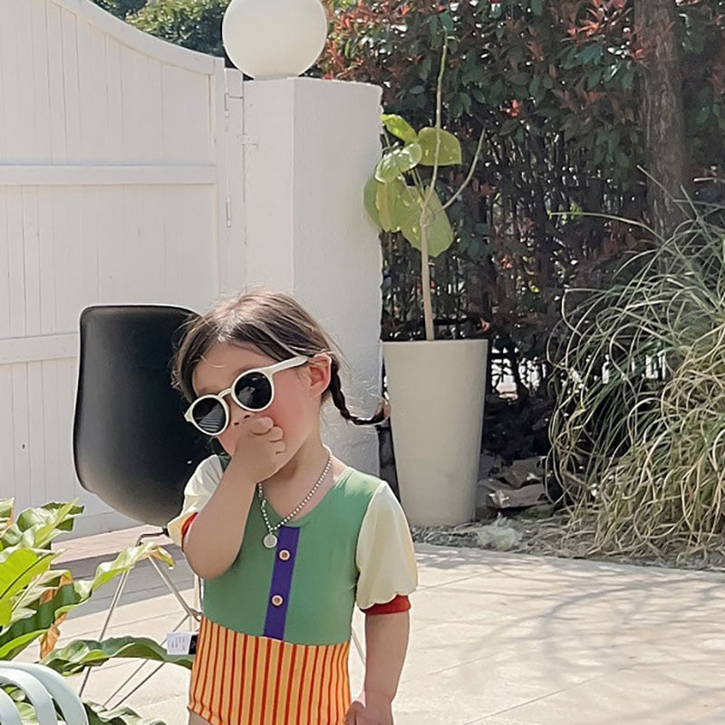 -キッズ 水着 パッチワーク 半袖 切り替え ワンピース ガールズ スイムウェア【mh0001863】 - mamahalo shop - ベビー用水着 -  べビー服 - 子供服 - 男の子 - 女の子