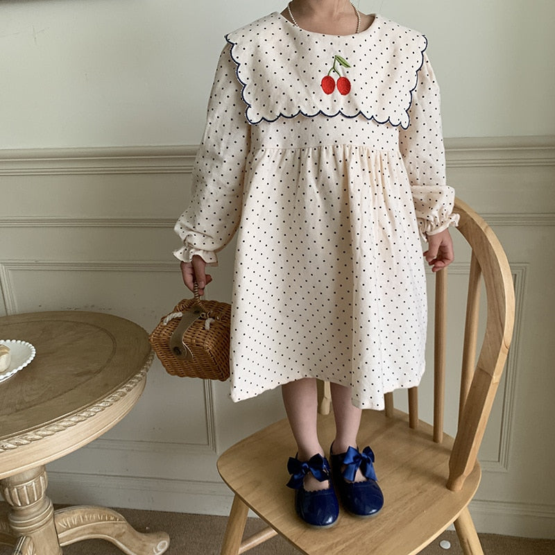 -キッズ みずたま チェリー 刺繍 長袖 ワンピース - mamahalo shop - 長袖ワンピース -  べビー服 - 子供服 - 男の子 - 女の子