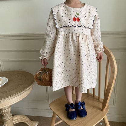 -キッズ みずたま チェリー 刺繍 長袖 ワンピース - mamahalo shop - 長袖ワンピース -  べビー服 - 子供服 - 男の子 - 女の子