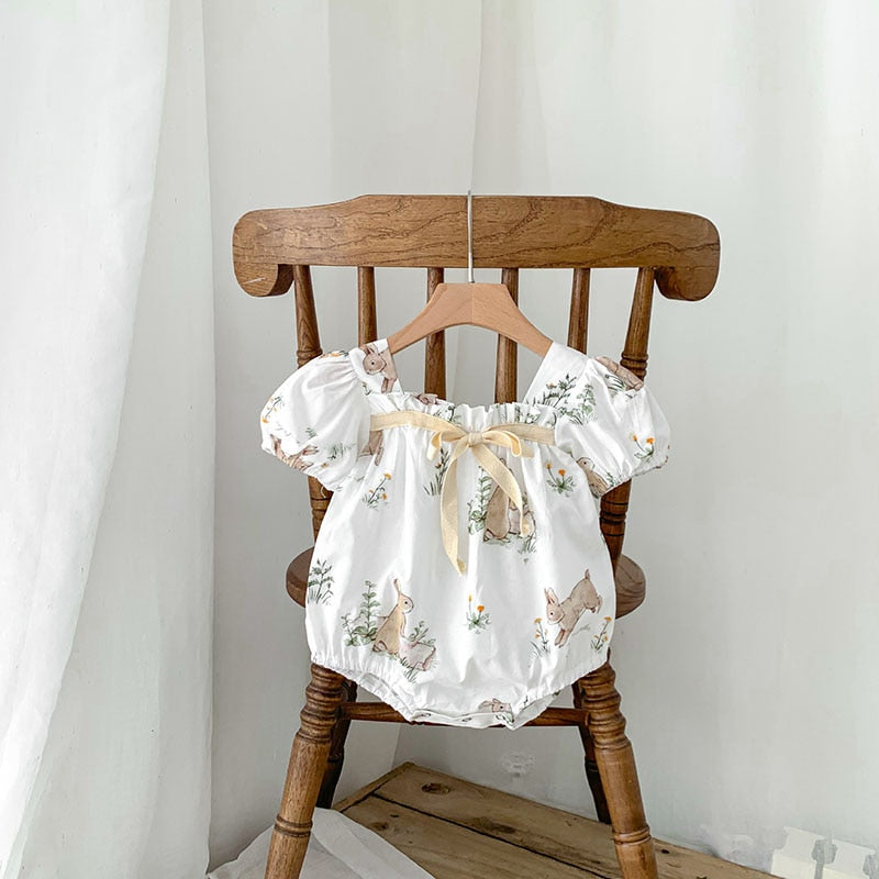 ベビー うさぎ バニー ラビット 半袖 リボン パフスリーブ ロンパース - mamahalo shop - 半袖ロンパース - ベビー服 - 子供服 - 男の子 - 女の子