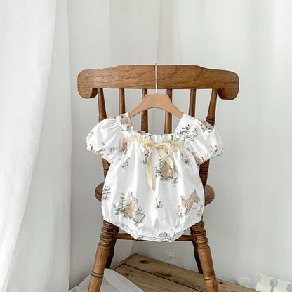 ベビー うさぎ バニー ラビット 半袖 リボン パフスリーブ ロンパース - mamahalo shop - 半袖ロンパース - ベビー服 - 子供服 - 男の子 - 女の子