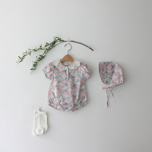-ベビー ローズ フラワー レースカラー 半袖 ロンパース ボンネット 帽子 セット【mh0001943】 - mamahalo shop - 半袖ロンパース -  べビー服 - 子供服 - 男の子 - 女の子