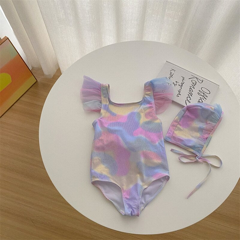 -キッズ 水着 ワンピース レインボー フリル リボン 帽子 セット スイムウェア【mh0001890】 - mamahalo shop - ベビー用水着 -  べビー服 - 子供服 - 男の子 - 女の子