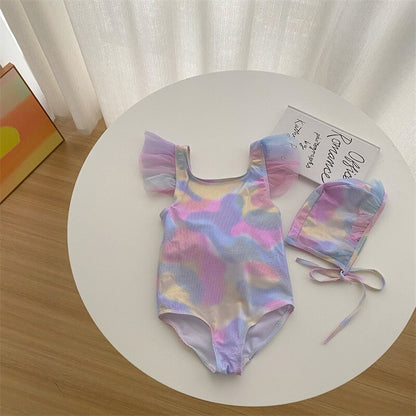 -キッズ 水着 ワンピース レインボー フリル リボン 帽子 セット スイムウェア【mh0001890】 - mamahalo shop - ベビー用水着 -  べビー服 - 子供服 - 男の子 - 女の子