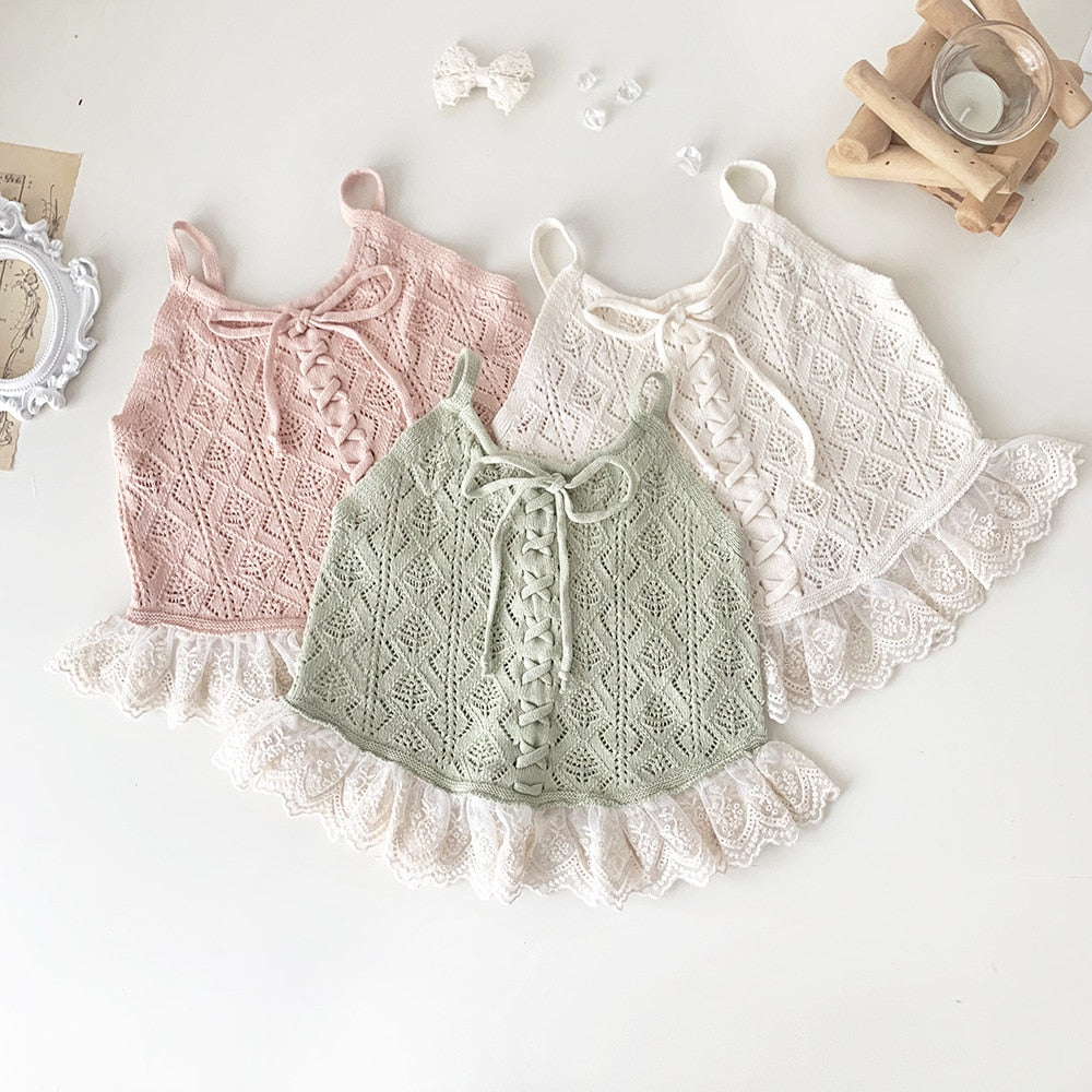 -ベビー キッズ サマーニット 編み上げ レース キャミソール ペプラム トップス ブラウス ピンク クリームアイボリー グリーン ガールズ - mamahalo shop - タンクトップ・キャミソール・ノースリーブトップス -  べビー服 - 子供服 - 男の子 - 女の子