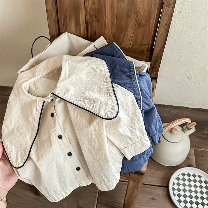 -キッズ レターロゴ セーラーカラー 長袖 ブラウス シャツ - mamahalo shop - 長袖シャツ・ブラウス -  べビー服 - 子供服 - 男の子 - 女の子