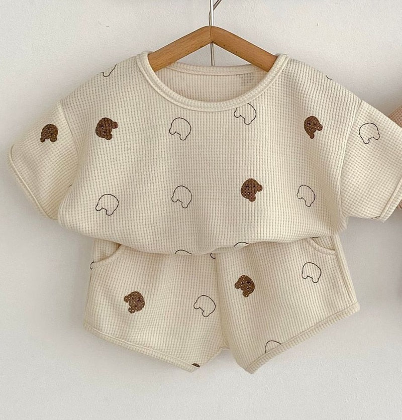-ベビー セットアップ ワッフル くま ベア 半袖 Tシャツ ショートパンツ ベージュ ブラウン - mamahalo shop - 半袖セットアップ -  べビー服 - 子供服 - 男の子 - 女の子