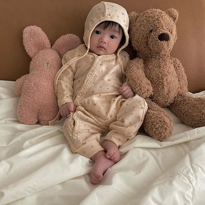 -ベビー フラワー 長袖 ジャンプスーツ ロンパース ボンネット セット【mh0001044】 - mamahalo shop - 長袖ロンパース -  べビー服 - 子供服 - 男の子 - 女の子