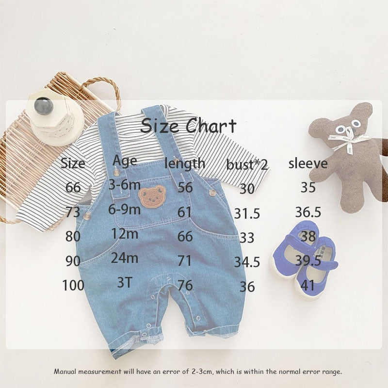 -ベビー セットアップ くま ベア デニム オーバーオール サロペット ボーダー 長袖 Tシャツ - mamahalo shop - 長袖セットアップ -  べビー服 - 子供服 - 男の子 - 女の子