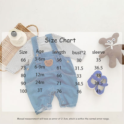 -ベビー セットアップ くま ベア デニム オーバーオール サロペット ボーダー 長袖 Tシャツ - mamahalo shop - 長袖セットアップ -  べビー服 - 子供服 - 男の子 - 女の子