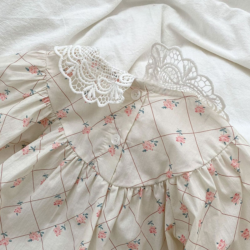 ベビー レース襟 フラワー チェック 長袖 ロンパース - mamahalo shop - 長袖ロンパース - ベビー服 - 子供服 - 男の子 - 女の子