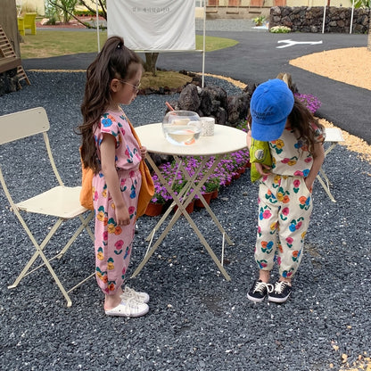 -キッズ レトロ フラワー セットアップ ノースリーブ タンクトップ Tシャツ ロング パンツ【mh0001644】 - mamahalo shop - ノースリーブセットアップ -  べビー服 - 子供服 - 男の子 - 女の子