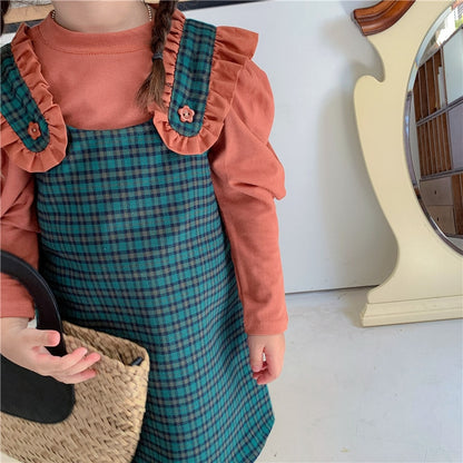 -キッズ セットアップ チェック フリル サスペンダー ワンピース パフスリーブ 長袖 Tシャツ - mamahalo shop - 長袖セットアップ -  べビー服 - 子供服 - 男の子 - 女の子