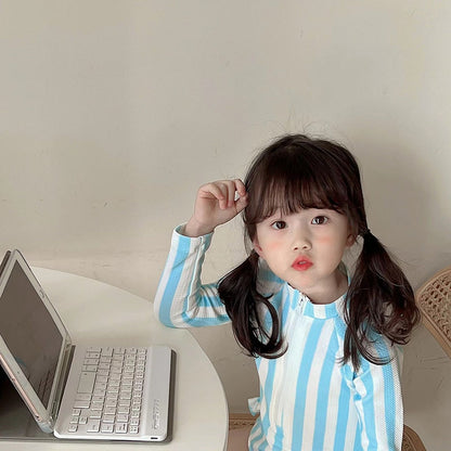 -キッズ 長袖 ワンピース 水着 ストライプ ラッシュガード スイムウェア 帽子 セット【mh0001521】 - mamahalo shop - ベビー用水着 -  べビー服 - 子供服 - 男の子 - 女の子