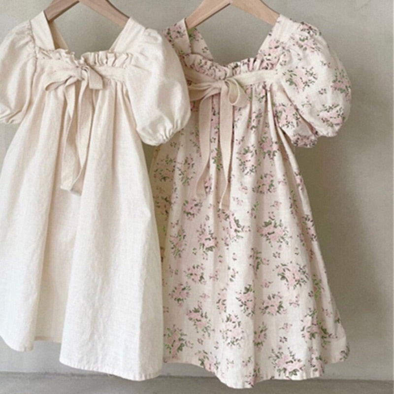 -キッズ フラワー 無地 リボン 半袖 パフスリーブ ワンピース - mamahalo shop - 半袖ワンピース -  べビー服 - 子供服 - 男の子 - 女の子