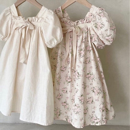 -キッズ フラワー 無地 リボン 半袖 パフスリーブ ワンピース - mamahalo shop - 半袖ワンピース -  べビー服 - 子供服 - 男の子 - 女の子