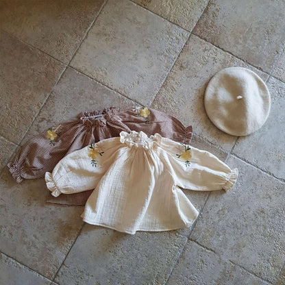 -ベビー チェック 無地 フラワー 刺繍 パフスリーブ 長袖 スモック ブラウス トップス - mamahalo shop - 長袖シャツ・ブラウス -  べビー服 - 子供服 - 男の子 - 女の子