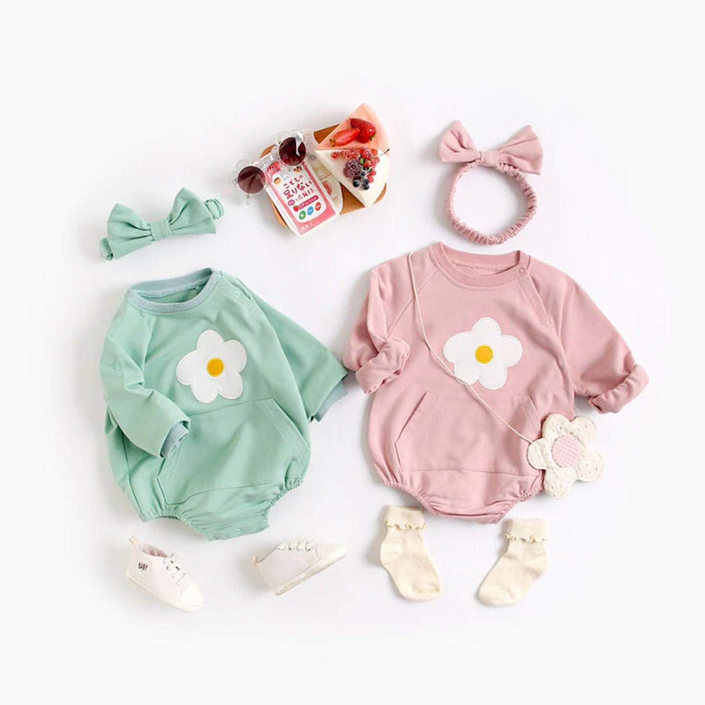 -ベビー フラワー ロンパース リボン ヘアバンド セット - mamahalo shop - 長袖ロンパース -  べビー服 - 子供服 - 男の子 - 女の子