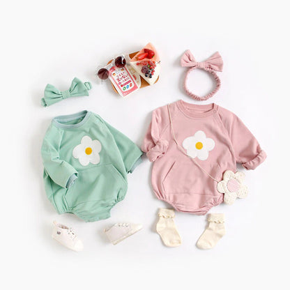 -ベビー フラワー ロンパース リボン ヘアバンド セット - mamahalo shop - 長袖ロンパース -  べビー服 - 子供服 - 男の子 - 女の子