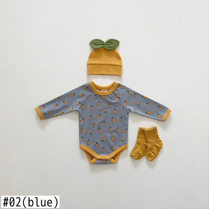-ベビーロンパース 帽子セットレモンプリント 長袖ボディスーツ ニットキャップ ベージュ/ブルー/2カラー【mh0000361】 - mamahalo shop - 長袖ロンパース -  べビー服 - 子供服 - 男の子 - 女の子