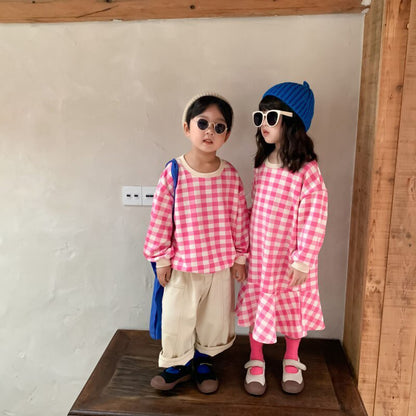 -キッズトップス ワンピース チェック 長袖Tシャツ 長袖フレアワンピース リンクコーデ 兄弟姉妹 お揃いコーデ ピンク/ベージュ/2カラー【mh0000062】 - mamahalo shop - 長袖ワンピース -  べビー服 - 子供服 - 男の子 - 女の子