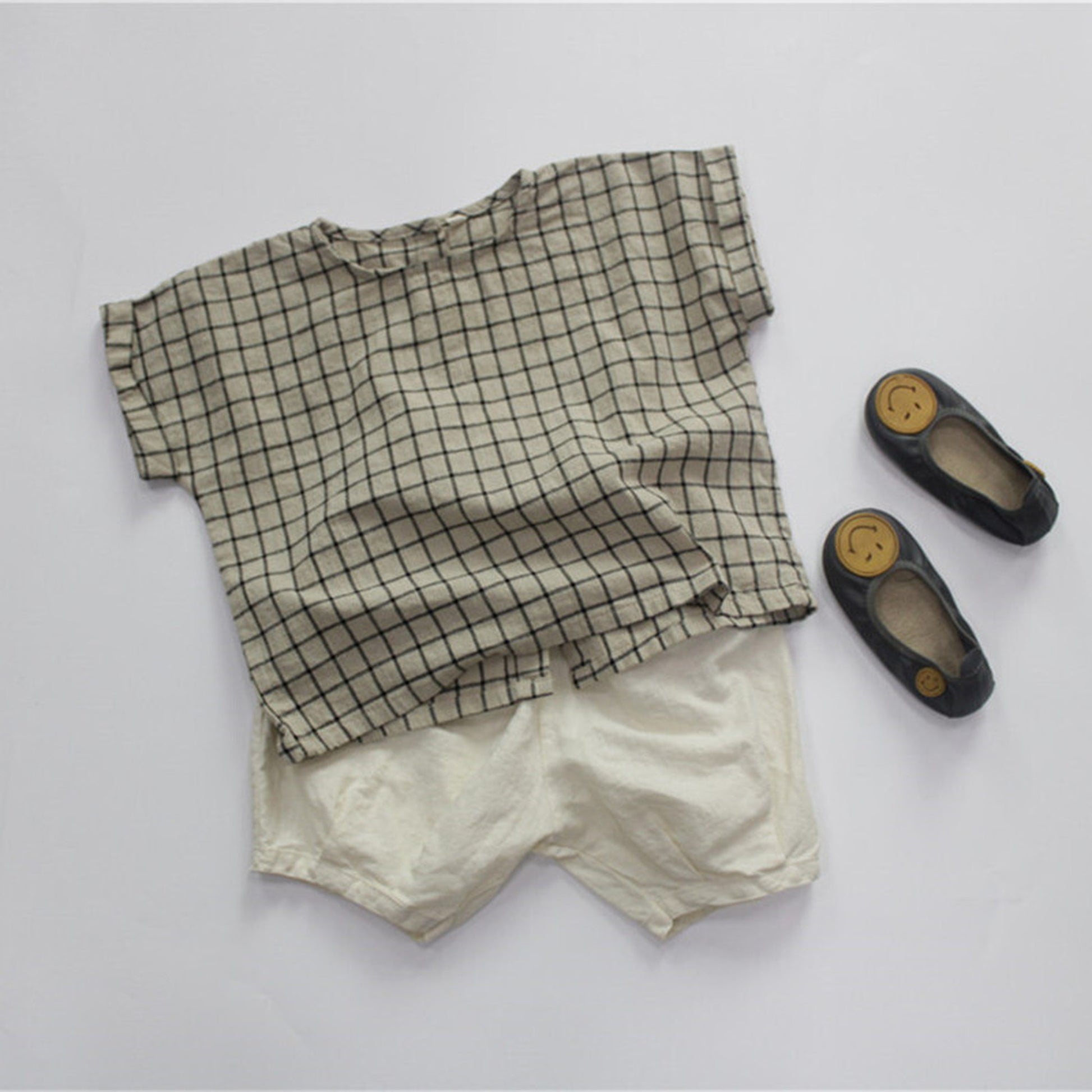 -キッズ コットンリネン チェック 半袖シャツ - mamahalo shop - 半袖シャツ・ブラウス -  べビー服 - 子供服 - 男の子 - 女の子